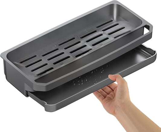 Sink Rack Sponge Organizer | Countertop Kitchen Holder with Auto Drain Tray | Dish Soap Sponge Brush Storage Gear | Durable Water-Draining Sink Rack for Clean and Organized Counters