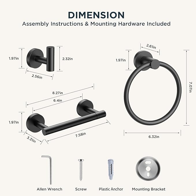 FORIOUS 4 Piece Bathroom Accessories, SUS304 Stainless Steel Toilet Paper Holder, Towel Ring and 2 Towel Hooks, Wall Mounted Bathroom Hardware Set (Matte Black,Double Post Pivoting)
