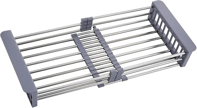 Over The Sink Dish Drying Rack, Stainless Steel Expandable Telescopic Drain Basket with Adjustable Arms - Functional Kitchen Sink Organizer for Dishes, Vegetables & Fruits (Large, Grey)