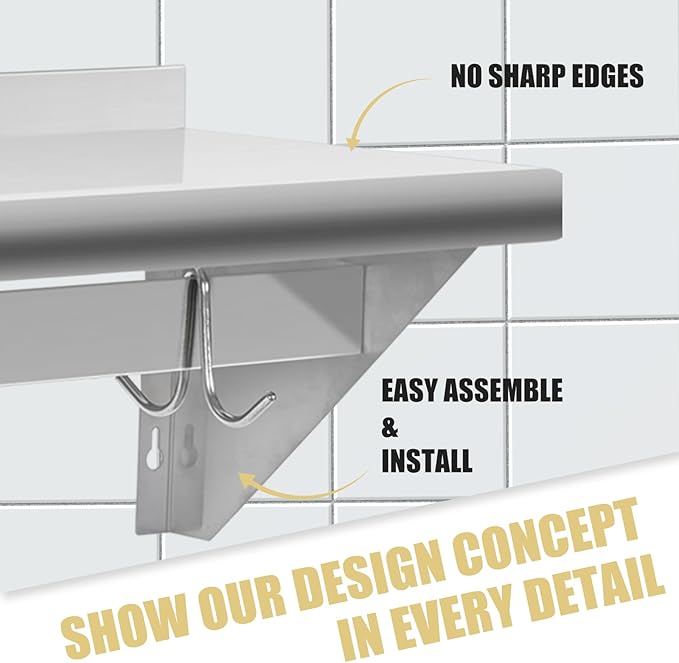 Hally Stainless Steel Shelf with 9 Hooks 12" x 72" Wall Mounted Pot Rack 345lb, NSF Commercial Floating Shelving for Storage Hanging Pots, Pans, cookware in Restaurant, Kitchen, Home and Hotel