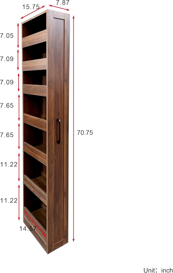 7-Tier Slim Mobile Shelving Cart with Wheels, Rolling Pantry with 7 Baskets, Narrow Pull-Out Utility Cart, Space Saving Storage Organizer Carts for Kitchen Living Room Bathroom Narrow Spaces, Walnut