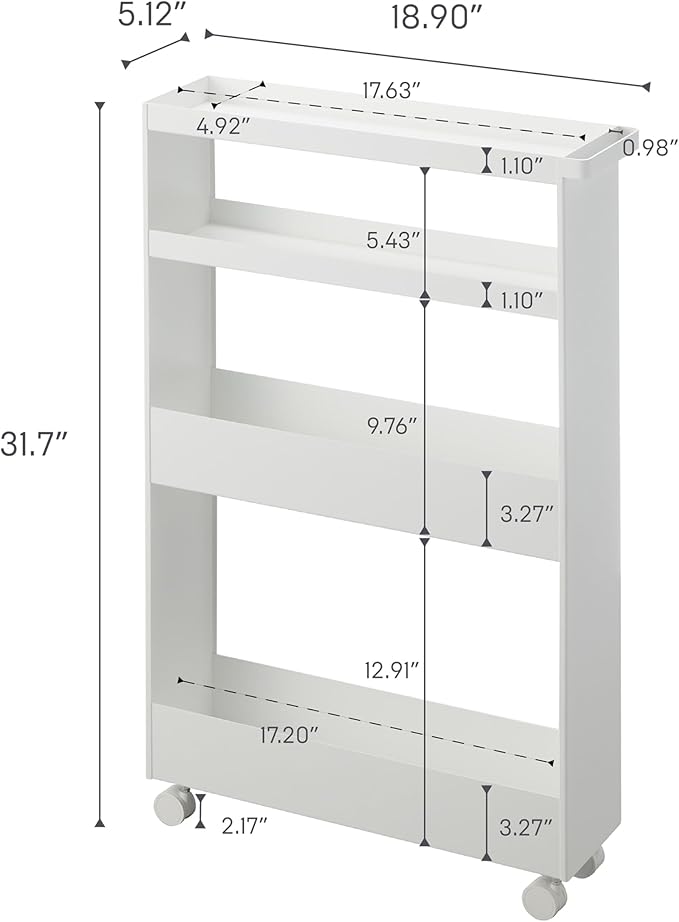 YAMAZAKI Home Tower Slim 4-Tier Rolling Storage Cart – Mobile Organizer for Kitchen Or Bathroom, 31.7" - Steel -