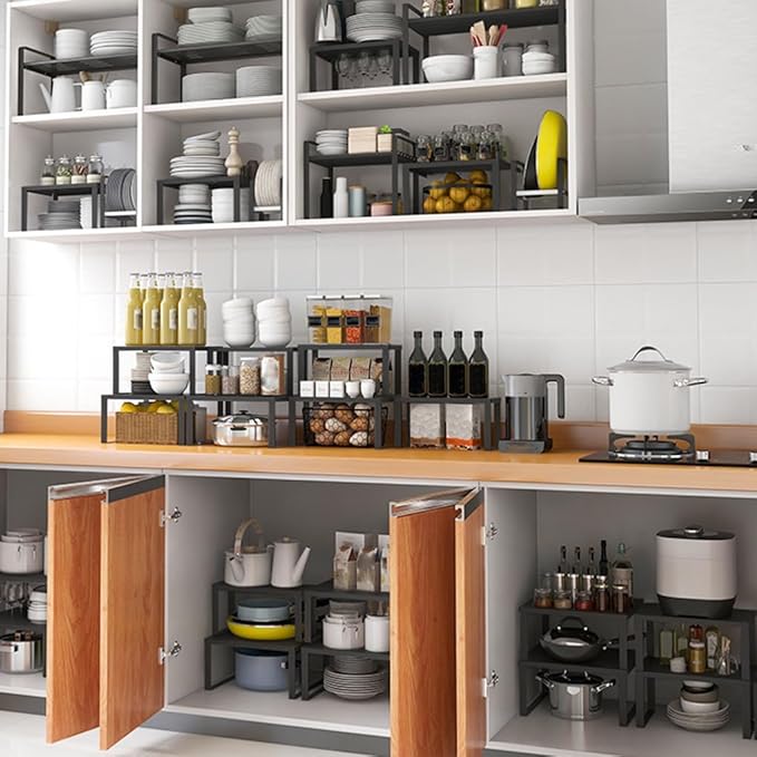 Stackable Cabinet Shelf Organizer Counter Storage Spice Rack Metal Space Saving for Kitchen Pantry Cupboard Countertop Bathroom Bedroom Under Sink Office, Black - Large