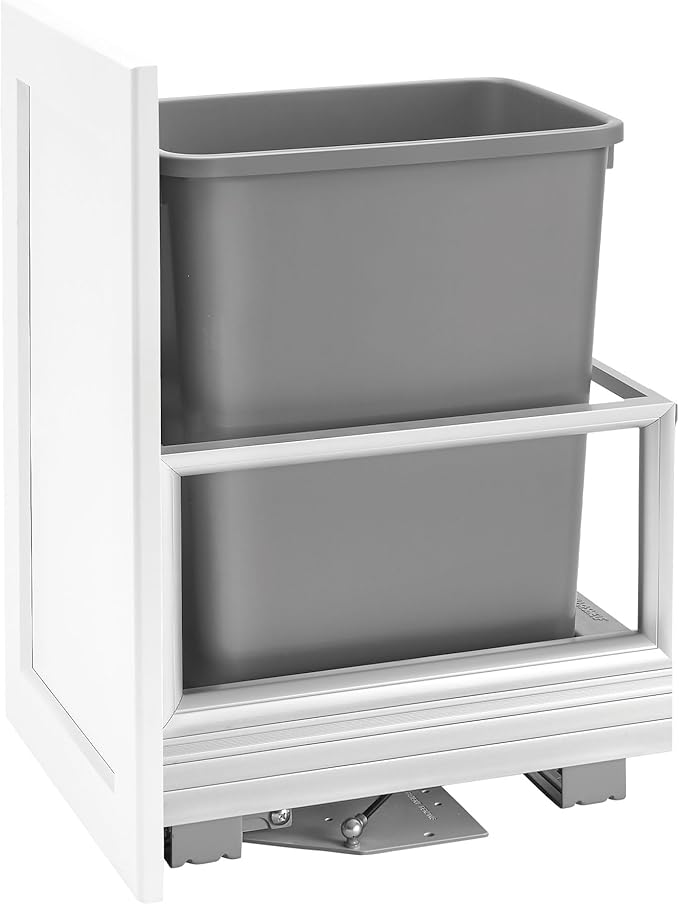 Rev-A-Shelf 35 Qt Pull-Out Trash Can for Base Kitchen Cabinets, Storage Garbage Bin on a Wire Basket with Soft Close, Single, Gray, 5149-15DM18-117