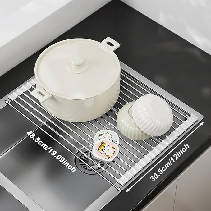 Roll Up Dish Drying Rack Over Sink Drying Rack Sink Cover Kitchen Sink Accessories Multipurpose Organizer Foldable Stainless Steel Drainer (18 Rods)
