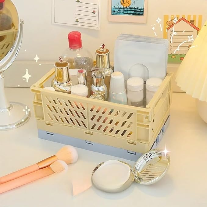 Folding Storage Basket Plastic Organizer with Stackable Design for Snacks Cosmetics and Office Supplies, 30x13x12cm White(Large milk white)