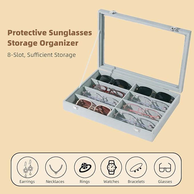 Glasses Holder Box Drawer Sunglass Organizer for Men Clear Wide Storage Case 8 Slots Multiple Reading Glasses Display, Gray Velvet With Clear Glass Lid