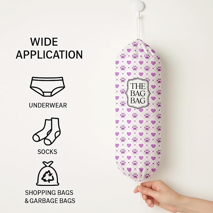 The Bag Bag Grocery Bags Holder, Purple Paw & Heart Pattern Grocery Bags Holder Organizer for Shopping Sack, Reusable Hanging Trash Sack Dispenser, Kitchen Gift for Women Family Friends Grandma Mom