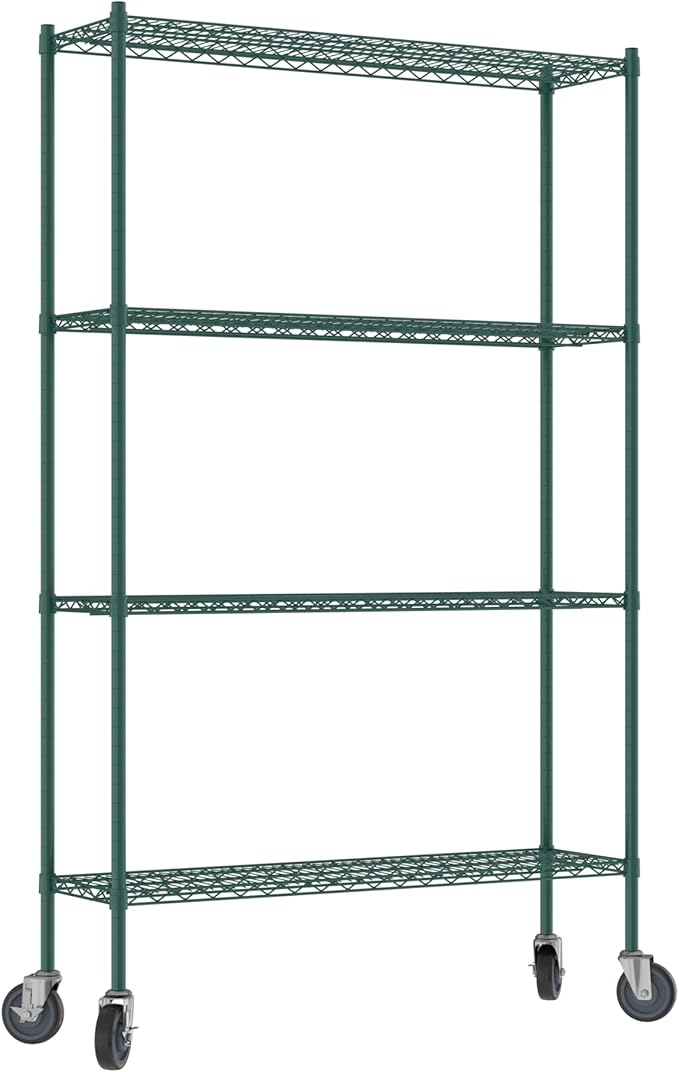 Commercial NSF Listed Green Epoxy Mobile Wire Shelving Kit 14" x 48" x 80", with 4 Shelves Perfect for Warehouse, Walk-in Refrigerator, Freezer, Grocery Store, Restaurant, Dishroom