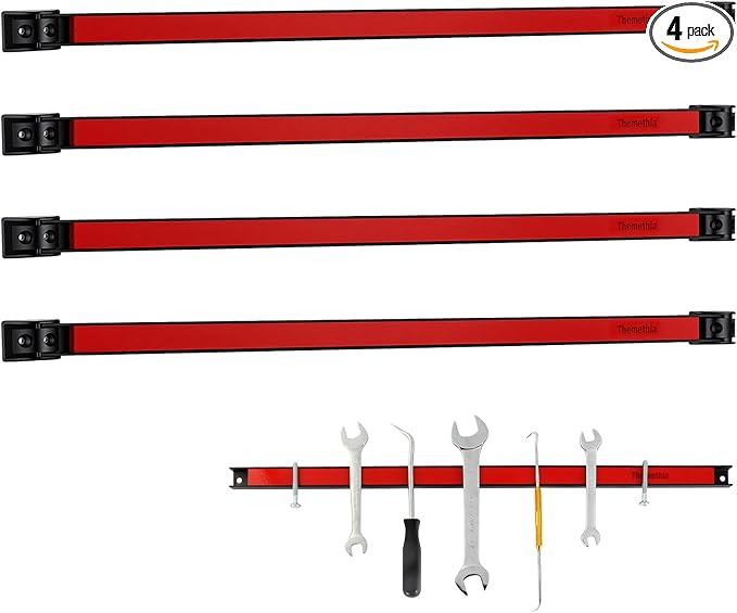 24" Magnetic Tool Holder Strip, 4 Pieces Red Metal Tool Organizer Rack with Stainless Steel Surface, Magnet Bar for Garage Workshop, Easy To Install with Mounting Screws