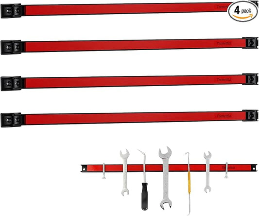 24" Magnetic Tool Holder Strip, 4 Pieces Red Metal Tool Organizer Rack with Stainless Steel Surface, Magnet Bar for Garage Workshop, Easy To Install with Mounting Screws
