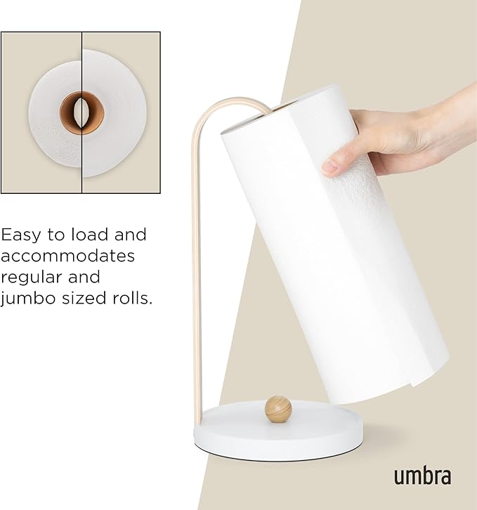 Umbra Bellwood Paper Towel Holder for Kitchen Countertop, with Real Wood Stand and Weighted Metal Base, White/Natural