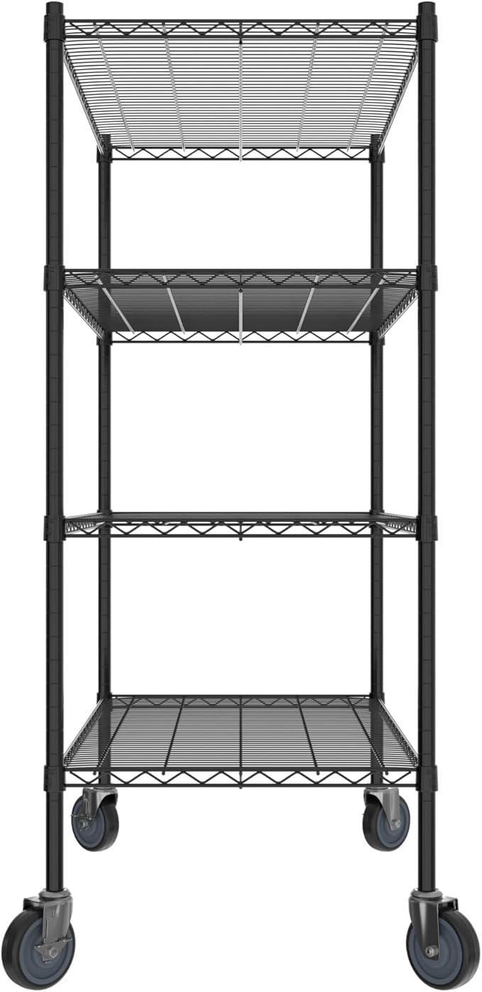 Commercial NSF Listed Black Epoxy Mobile Wire Shelving Kit 24" x 42" x 60", with 4 Shelves Perfect for Warehouse, Walk-in Refrigerator, Freezer, Grocery Store, Restaurant, Dishroom