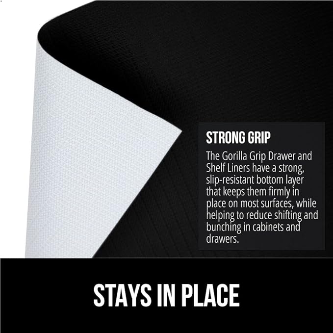 GORILLA GRIP DripGuard Shelf Liner, Non Adhesive Drawer and Kitchen Cabinet Protector, Slip Resistant BPA Free Smooth Surface Plastic Liners for Cabinets, Bathrooms, Closets, 17.5x240 Inch, Black