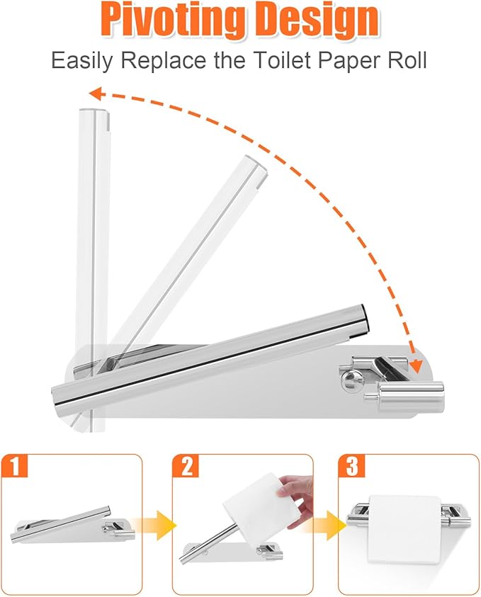 YUET Toilet Roll Holder, Self Adhesive or Screw In Wall Mounted Options, Double Post Pivoting Tissue Roll Holder, Stainless Steel Rustproof Stick On No Drilling Wall Mount for Bathroom Poilshed Chrome