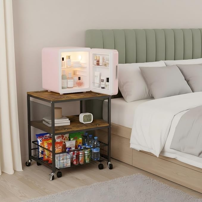 Hadulcet 3-tier Mini Fridge Stand with Storage Basket - Rolling Mini Fridge Cabinet with Wheels, Heavy Duty 21"L* 21"W Fridge Cart, Sturdy Metal Frame, for Home, Apartment, Office, Dorm, Rustic Brown