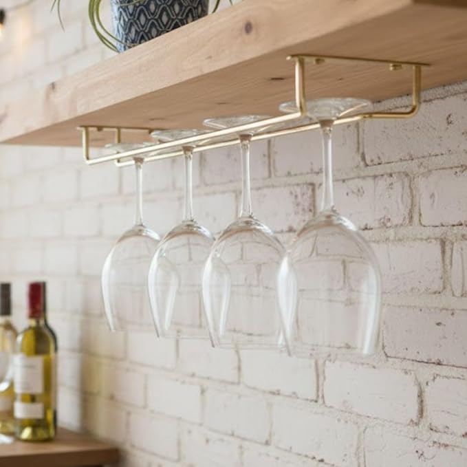 Soro Essentials- 16" Glass Hanging Stemware Rack Brass Plated Set of 2- Wine Glass Hangers Under Shelf Cabinet Wire Wine Holder Storage Hanger for Cabinet Kitchen Bar or Home