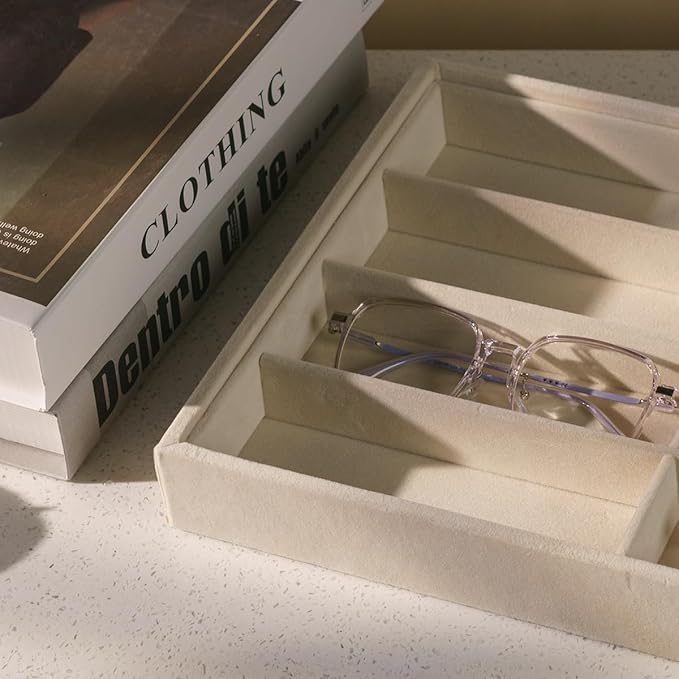 Glasses Holder Box Drawer Sunglass Organizer for Men Clear Wide Storage Case 8 Slots Multiple Reading Glasses Display, Beige Velvet