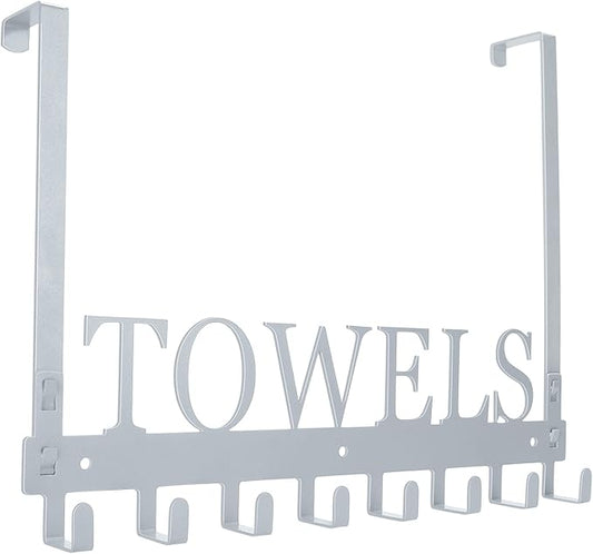 Over The Door Hooks, Heavy Duty Wall Mount Towel Hanger with 8 Hooks for Bedroom, Bathroom, Kitchen Towels, Silver