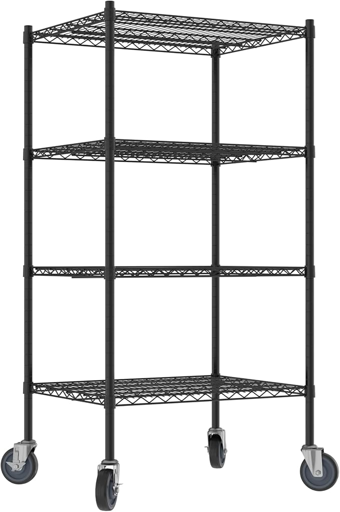 Commercial NSF Listed Black Epoxy Mobile Wire Shelving Kit 24" x 30" x 60", with 4 Shelves Perfect for Warehouse, Walk-in Refrigerator, Freezer, Grocery Store, Restaurant, Dishroom