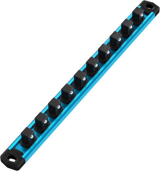 WORKPRO Magnetic Socket Organizer, 1/2-Inch Drive Aluminum Alloy Socket Rail, Heavy Duty Socket Holder, Socket Rack Kit 1/2-Inch x 10 Clips Sky Blue (Socket not Included)