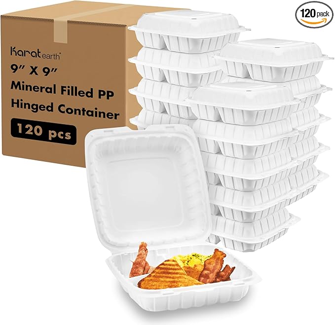 KARAT EARTH Clamshell Take Out Food Containers [9"x9" - 120 ct] To Go Containers | 3 Compartment, Soak-Resistant, Durable, Stackable | Vented for Hot/Cold Foods, White
