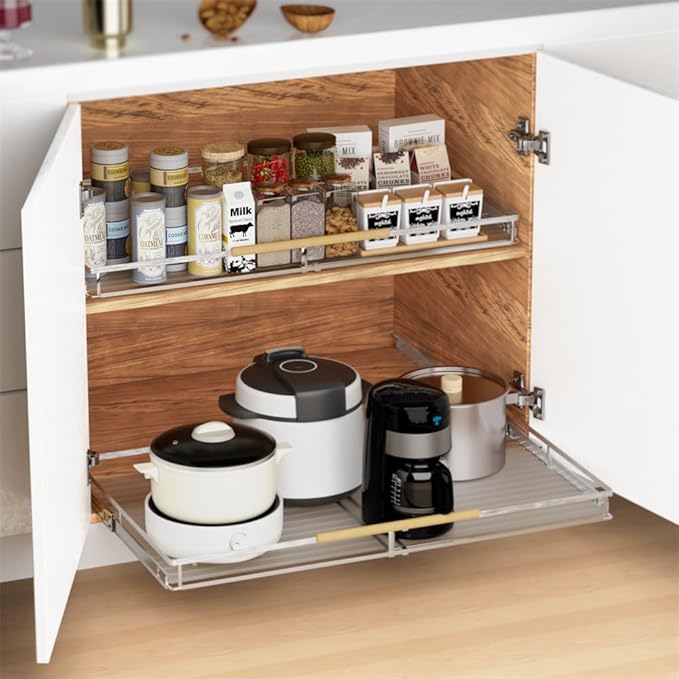 SANNO Expandable Pull Out Cabinet Organizer Slide Out Shelf, Bottom-Mounted Cabinet Sliding Shelf Expandable Shelves for Cupboard Pantry Closet Pots Pans,1pack