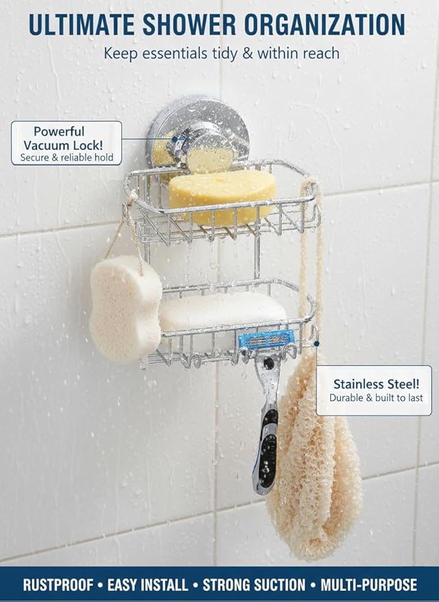 Soap Dish for Shower Suction Cup Powerful Vacuum System Rustproof 304 Stainless Steel Basket Sponges Holder with Razor Hooks for Bathroom or Kitchen Soap Holder, 2 Tier (Silver)