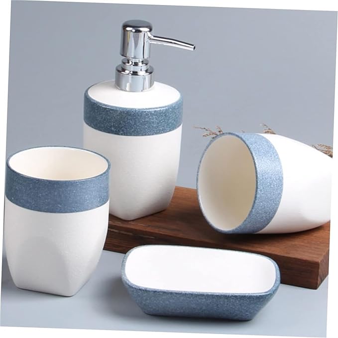 Bathroom Accesories Set 4-Piece Blue Soap Dispenser Organizer Tray Toothbrush Holder and Cup Accessories for Home House Decor Aesthetic