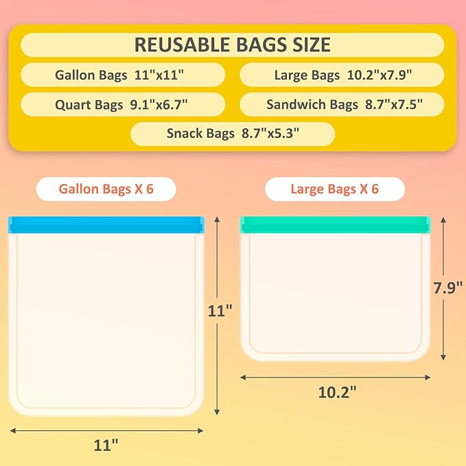 24 Pack Reusable PEVA Food Storage Bags Gallon Freezer Bags, Leak-proof Ziplock Bags for Meal Prep, Travel, Reusable Sandwich Bags for Home Organiz- 6 Gallon 6 Large 6 Quart 3 Sandwich 3 Snack Bags