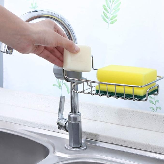 Kitchen Sink Faucet Organizer, Stainless Steel Sink Sponge Holder Around Faucet, Sinks Caddy Organizer, Faucet Storage Rack Sponge, Drying Rack for Kitchen Accessories (COLOR:Silver)