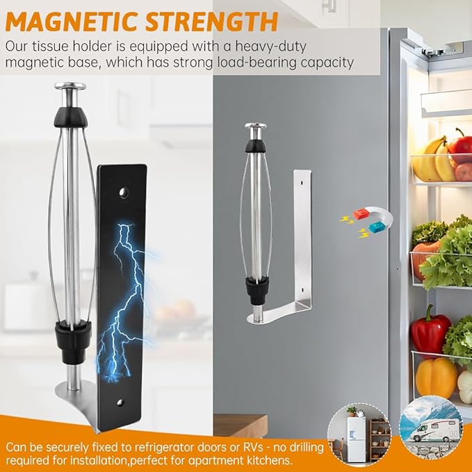 Magnetic Paper Towel Holder for Fridge, No Drill, One Hand Tear Paper Towel Holder with Ratchet Mechanism, Self-Adhesive & Wall Mount for Refrigerator, Kitchen, Garage, RV(Color:Silver)