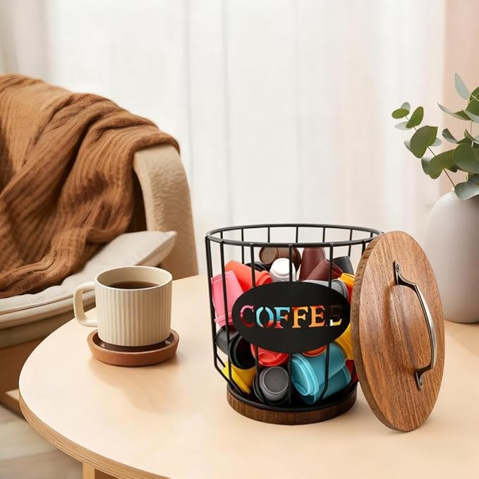 2 Pack Coffee Pod Holder with Lid Coffee Pods Storage Black Wire Coffee Storage Basket Large Capacity K Cup Holder with Wooden Base for Kitchen Countertop, Cafe Bar Organizer, Office Desktop