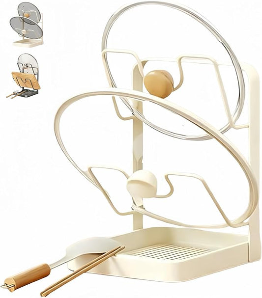 Kitchen Pot Lid Storage Rack, 304 Stainless Steel Pot Lid Holder While Cooking, Multifunctional Kitchen Pot Cover Organizer for Countertop, With Removable Drip Tray (Double Beige)