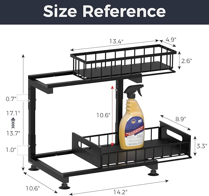 Under Sink Organizer, 2-Tier Premium Metal Pull-Out Racks with Adjustable Height, Heavy Duty Sliding Bin for Bathroom and Kitchen Cabinet Storage, Rust Resistant 2 Pack