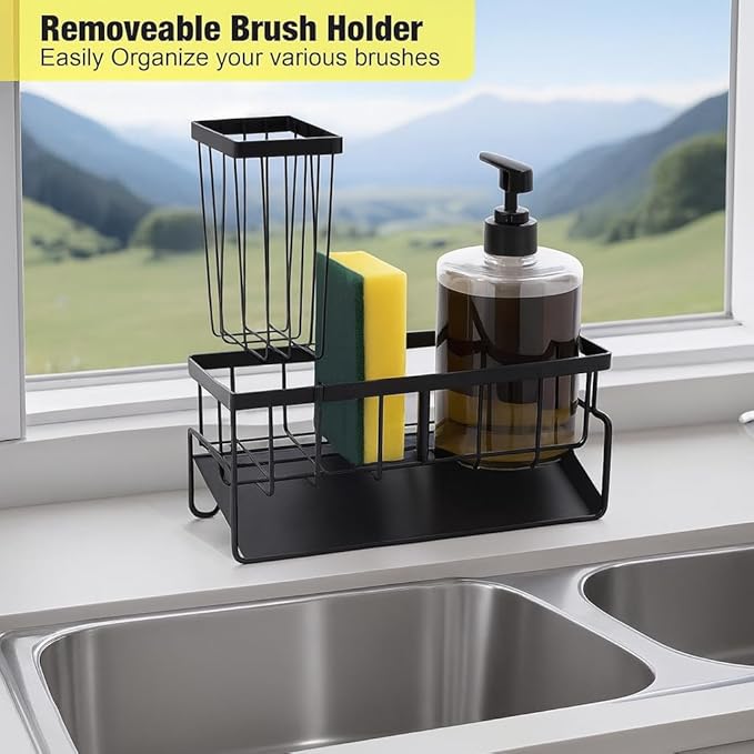 Black Sponge Holder, Kitchen Sink Caddy Organizer, Rustproof with Drip Tray for Soap Dispenser, Brushes & Sponges, Countertop Sponge Dock with Drain Pan