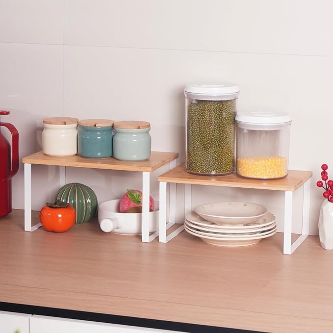 Kitchen Cabinet Organizer Shelf, Set of 2 Stackable Counter Shelves, Small Wood Cabinet Riser Shelf for Pantry Cupboard Spice Dish Mug Cup, Expandable, Metal Engineered Wood (Beige & White, 11.7''W)