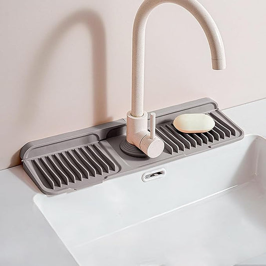 Longer Silicone Faucet Mat for Kitchen Sink – Button Style Faucet Drip Catcher & Leak-Proof Sink Splash Guard with 6° Slope, Behind Faucet Draining Mat,Gadgets for Bathroom (dark gray, small)