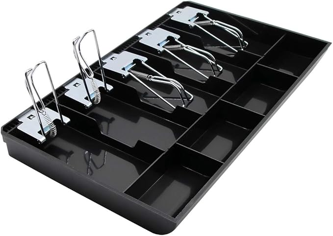Cash Register Drawer Insert Tray 5 Bill/4 Coin Compartments with Metal Clip for Money Storage, Black