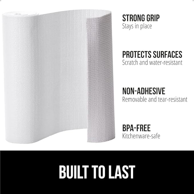 GORILLA GRIP DripGuard Shelf Liner, Non Adhesive Drawer and Kitchen Cabinet Protector, Slip Resistant BPA Free Smooth Surface Plastic Liners for Cabinets, Bathrooms, Closets, 17.5x240 Inch, White