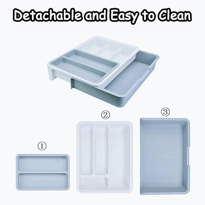 HornTide 3-in-1 Cutlery Tray, Expandable Utensils Holder, Plastic Kitchen Drawer Organizer for Silverware Storage and More - Green