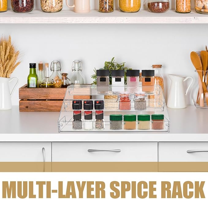 DECHOUS 3-Tier Acrylic Spice Rack Organizer Clear Tiered Spice Rack Seasoning Organizer for Countertop, Cabinet, Pantry, Kitchen Storage, 12x6.3x5.2 Inch