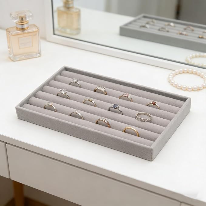 Velvet Jewelry Organizer Trays Gray Stackable Jewelry Storage Display Tray with Removable Dividers, 8 Rolls