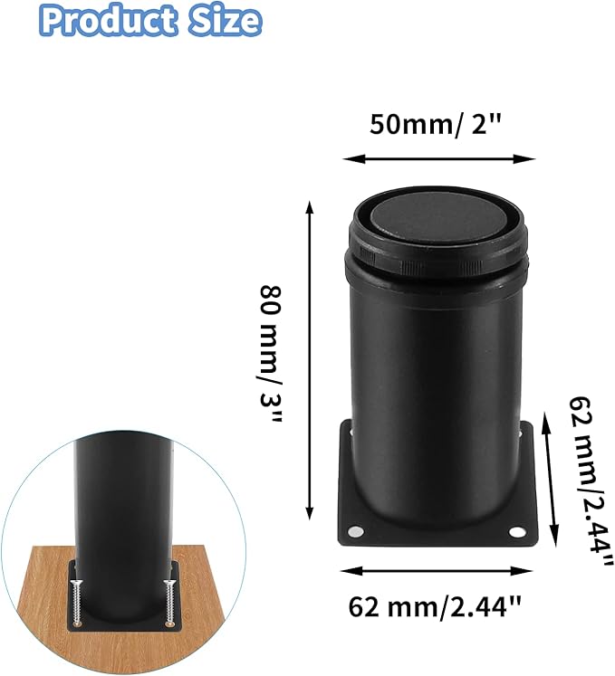 Set of 4 Stainless Steel Furniture Legs 3 Inch, Adjustable Round Cabinet Legs 2" Dia Kitchen Feet, Metal Replacement Legs for Cabinet Sofa Couch Shelves Table (Black)