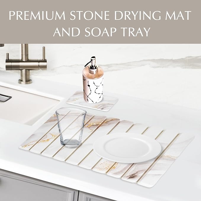 2 PCS | Large Stone Drying Mat for Kitchen Counter | Quick Dry Stone Mat with Sink Caddy | Collapsible Dish Drying Stone | Super Absorbent Stone Mat | Diatomaceous Earth Mat | 24"(L)×15"(W)
