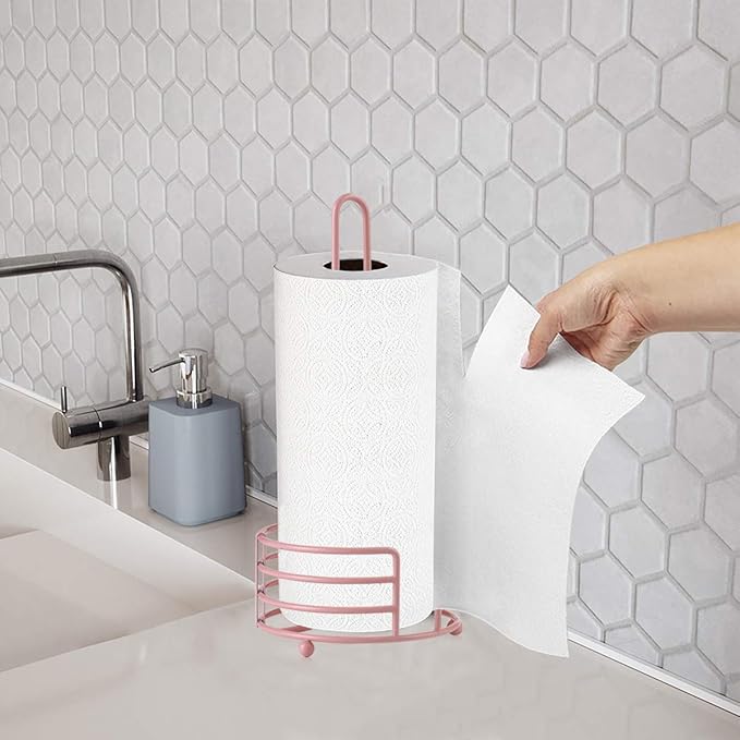 Buruis Paper Towel Holder for Countertop, Metal Standing Paper Towel Dispenser with U-Shape Handle and Stable Base, Pink