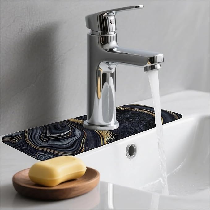 Kitchen Sink Splash Guard，Abstract black gold marble Faucet Mat Sink Gadgets-Super Absorbent Fast Drying Mat Drip Catcher for Kitchen, Bathroom,Sink Mat, Dish Drying Mat, Bathroom(15" X 5.5" )