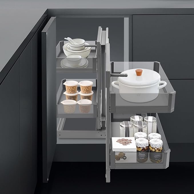 Blind Corner Cabinet Pull Out Organizer, 2 Tier 4 Detachable Baskets Aluminium Alloy Corner Cabinet Pull Out, Deep Corner Cabinet Organizer Narrow Blind Cabinet for Pans, Pots, Spices