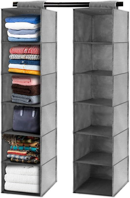 2PCS Hanging Closet Organizer, 6-Shelf Hanging Storage Shelves Wardrobe Clothes Organizer Cloth Hanging Shelves Foldable for Closet Bedroom Home (2PCS 6-Shelf)