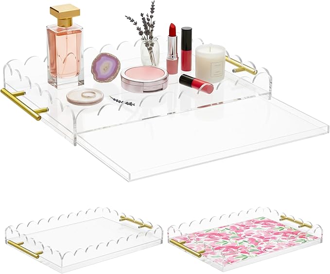 Scalloped Acrylic Tray with Metal Handles,16" x 12" Clear Acrylic Display Tray with Pull-Out Drawer for Photos, Art Prints, Postcards, Decorative Organizer Trays for Vanity,Home,Office